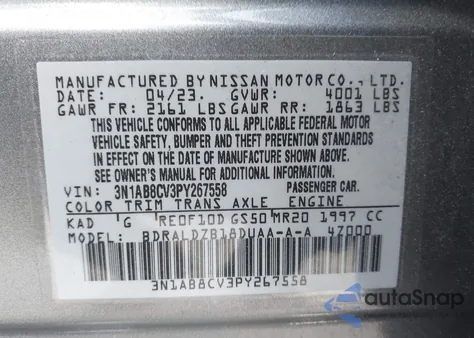 2023 Nissan Sentra Sv Xtronic Cvt z USA, uszkodzony, nr VIN 3N1AB8CV3PY267558